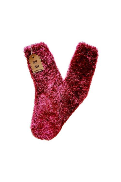 Tüylü Kışlık Termal Çorap Dikişsiz Peluş Şık Rahat Pembe (Fuşya) Ev-Parti Çorabı