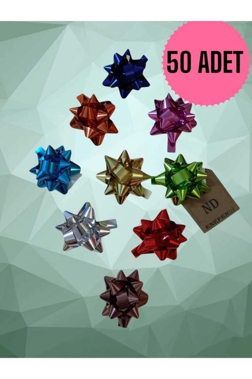 50 Adet 6Cm Parlak Metalik Renkte Karışık Fiyonk Yıldız Süs Hediye Paketi Süsü Rafya Yapışkanlı