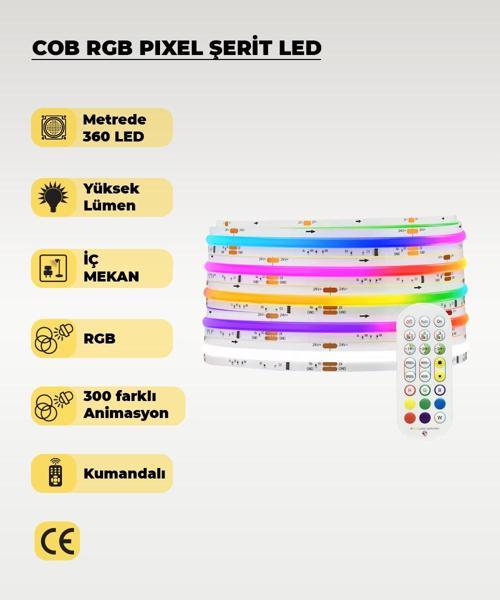 COB RGB Pixel Şerit Led - Animasyonlu - Sese Duyarlı - 5 Metre (Kumandalı)