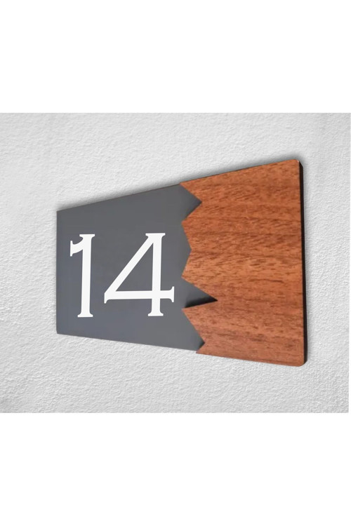 Woodenseri Yatay Pleksi Ahşap Detaylı Uv Baskılı Apartman Daire Otel Ofis Kapı Numarası Kapı No:14