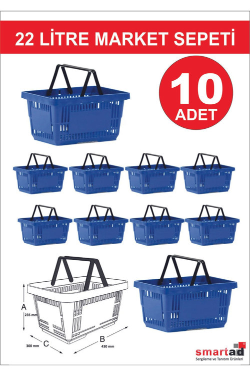 22 Litre 10 Adet Market Sepeti, Alışveriş Sepeti, Saplı Market Sepeti Mavi