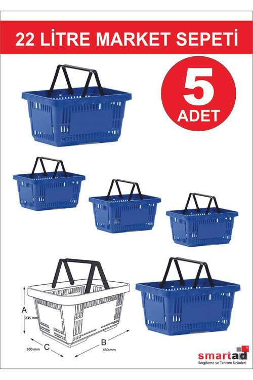 22 Litre 5 Adet Market Sepeti, Alışveriş Sepeti, Saplı Market Sepeti Mavi