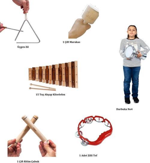 Anaokulu Ritim Orff Set Ucgen Zil + Kliselefon + Darbuka + Marakas+ Ritim Çubuk + Zilli Tef