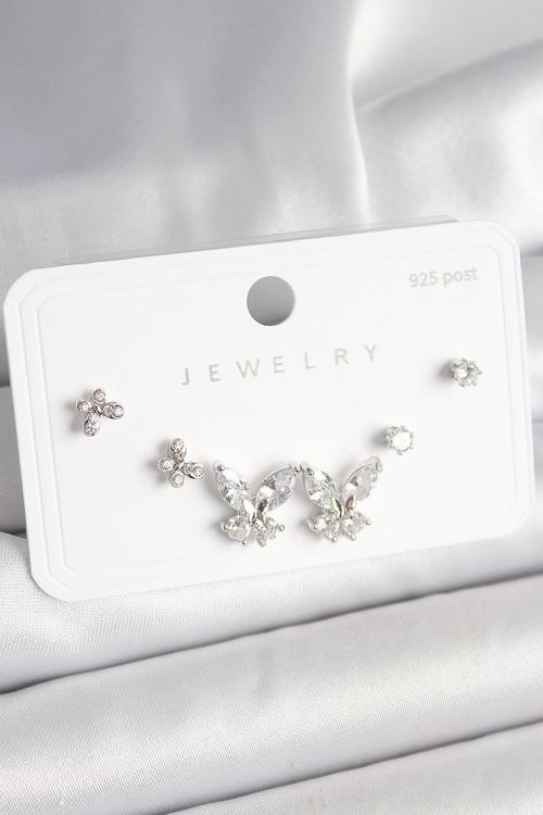 Zarif Kadın için Pirinç 925 Ayar Çivili Zirkonlu Kelebek Küpe Seti