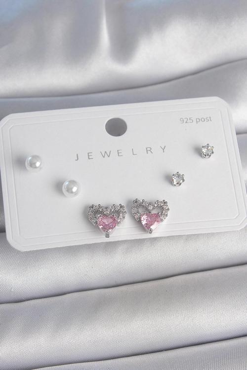 Zarif Kadın için Silver Pirinç 925 Ayar Çivili Zirkonlu İncili Kalp Küpe Seti