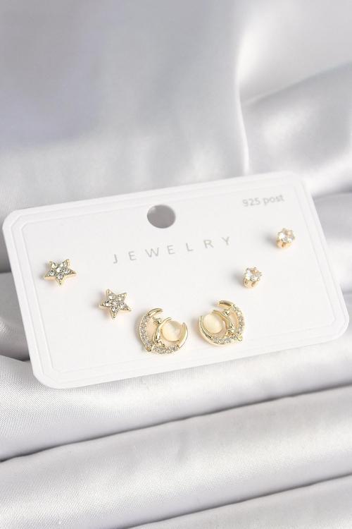 Zarif Kadın için Pirinç 925 Ayar Çivili Zirkonlu Hilal Yıldız Küpe Seti