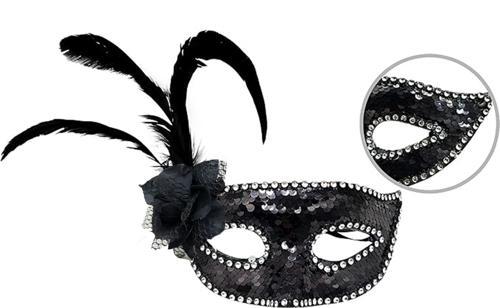 Büro Ev Ofis Parti Kostümü için 20x22CM Siyah Yan Tüylü Gül Silver Taş Pullu Maske