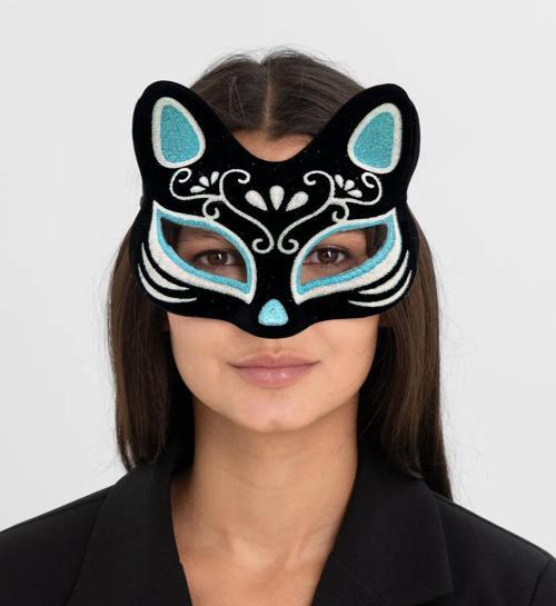 Büro Ev Ofis Gösteri Kedi Kostümü için 17x14CM Siyah Silver Mavi Simli Maske