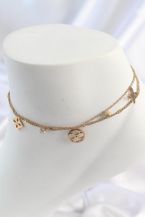 Zarif Kadın için Golden Çelik Çift Zincir Rüya Kapnı Zirkonlu Halhal