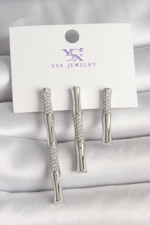 Zarif Kadın için Silver Pirinç Zirkonlu Bambu Üçlü Kombin Küpe