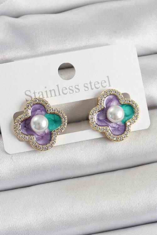 Zarif Kadın için Golden Pirinç Mor Mineli İncili Zirkonlu Portre Yonca Küpe