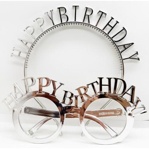 Büro Ev Ofis Parti Doğum Günü Kostümü için Silver Happy Birthday Taç Gözlük Seti