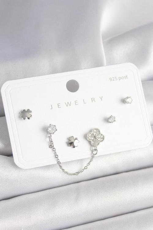 Zarif Kadın için Silver Pirinç 925 Ayar Çivili Zirkonlu Yonca Sallantı Küpe Seti