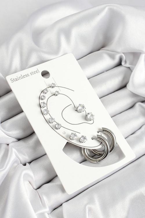 Zarif Kadın için Silver Çelik Halka Figür Zirkonlu 7'li Çift Küpe Set