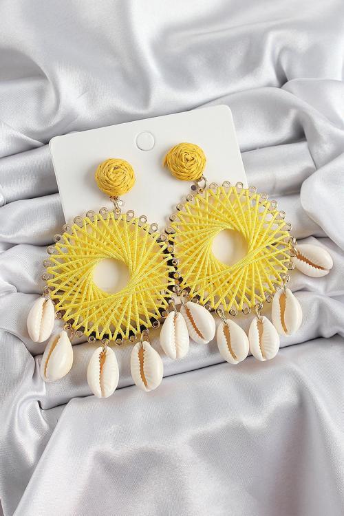 Zarif Kadın için Golden Sarı Hasır Örgü Sarmal Sallantı Deniz Kabuğu Küpe