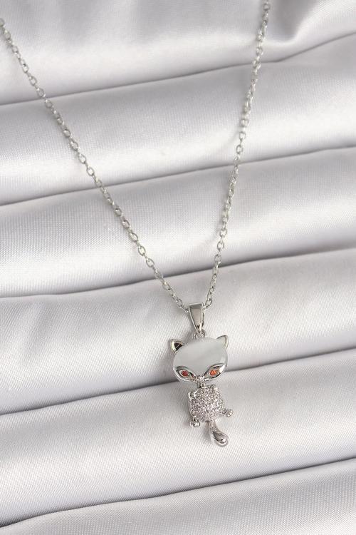 Çelik Gümüş Renk Zincir Zirkon Taşlı Kedi Model Kadın Kolye