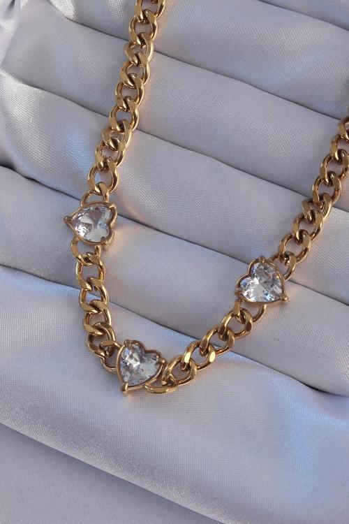 Çelik Gold Renk Zirkon Taşlı Kalp Model Zincir Kolye