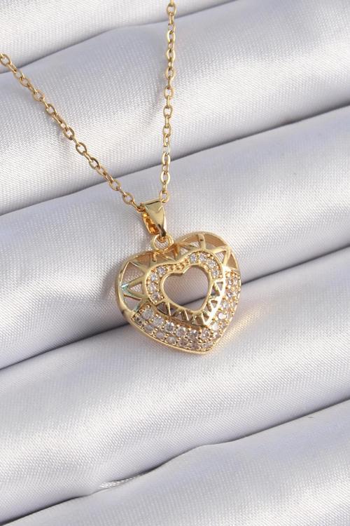 Çelik Gold Renk Zirkon Taşlı Kalp Model Vintage Kadın Kolye
