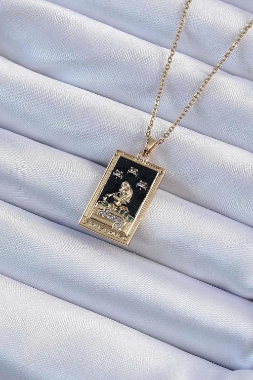 Çelik Zincir Altın Renk Zirkon Taşlı Siyah Mineli Kız Figürlü Tarot Kolye