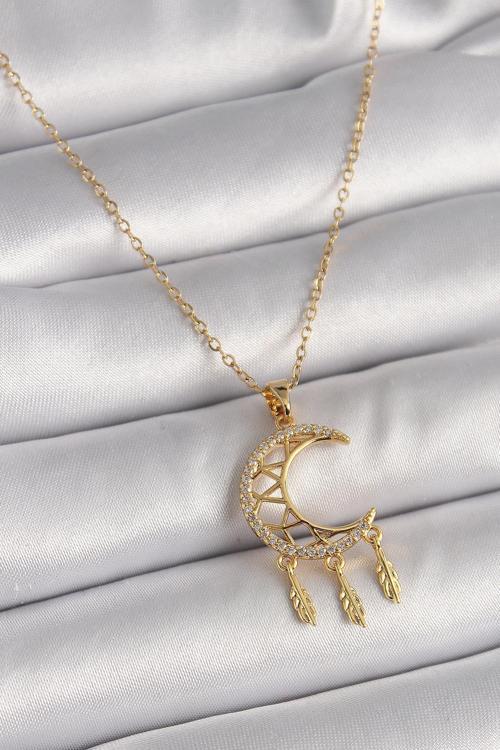 Çelik Gold Renk Zincir Zirkon Taşlı Hilal Model Sallantı Yaprak Detay Kadın Kolye