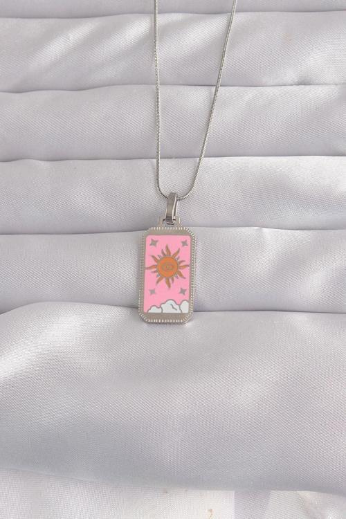 Çelik Gümüş Renk Pembe Mineli Güneş Model Tarot Kolye