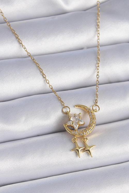 Çelik Zincir Gold Renk Zirkon Taşlı Hilal Model Yıldız Detay Kadın Kolye