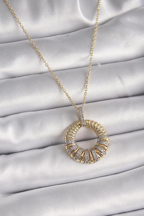 Çelik Gold Renk Zincir Gümüş Zirkon Taşlı Daire Model Kadın Kolye