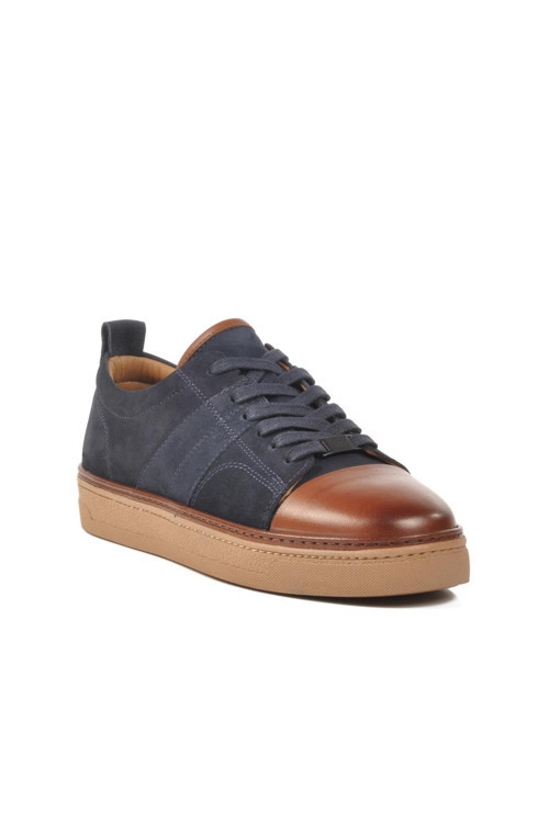 Lacivert-Kahve Hakiki Deri Erkek Sneaker 3K1973-C704 M