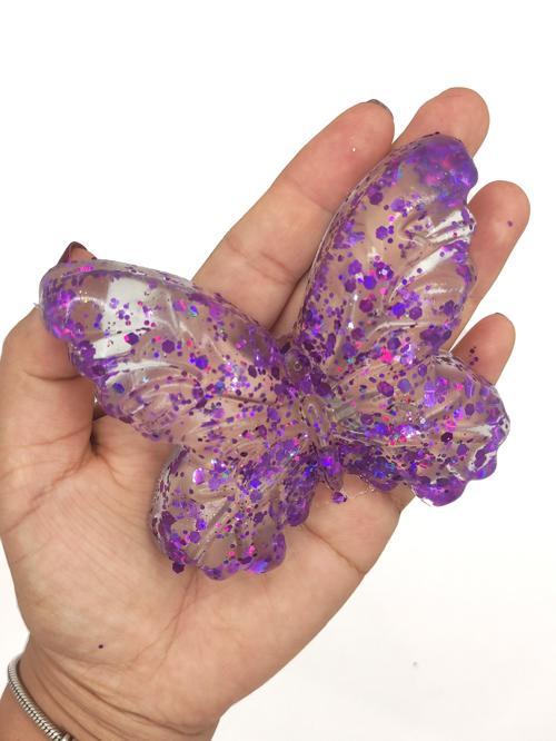 Kelebek Şeffaf Glitter Simli Moj Moj Taba Squishy Sıkma 10x8 cm Simli Sukuşi - Mor