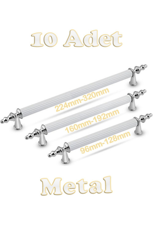 Tuana Rustik Alüminyum Metal Lüks Modern Mobilya Çekmece Mutfak Dolabı Kulpu Beyaz-Krom 96 mm (10 Adet)