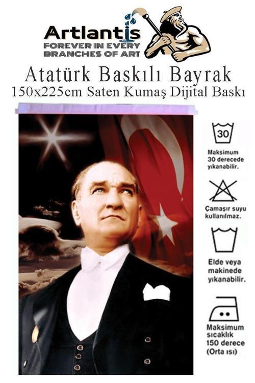 Atatürk Baskılı Türk Bayrağı 150x225 cm 1 Paket Bayraklı Atatürk Posteri Dijital Baskı Raşel Kumaş İç ve Dış Ortama Uygu