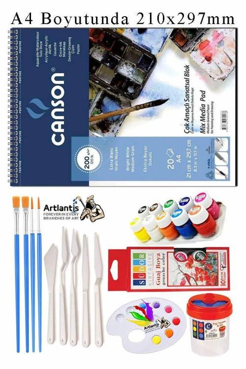 Canson Çok Amaçlı Sanatsal Blok A4 200 gr 20 Yaprak 1 Adet 10 Renk Guaj Boya Fırça Palet Spatula Fırça Temizleme Kabı