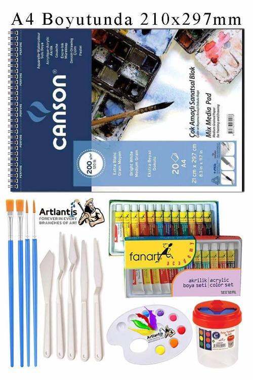 Canson Çok Amaçlı Sanatsal Blok A4 200 gr 20 Yaprak 1 Adet 12 Renk Akrilik Boya Fırça Palet Spatula Fırça Temizleme Kabı