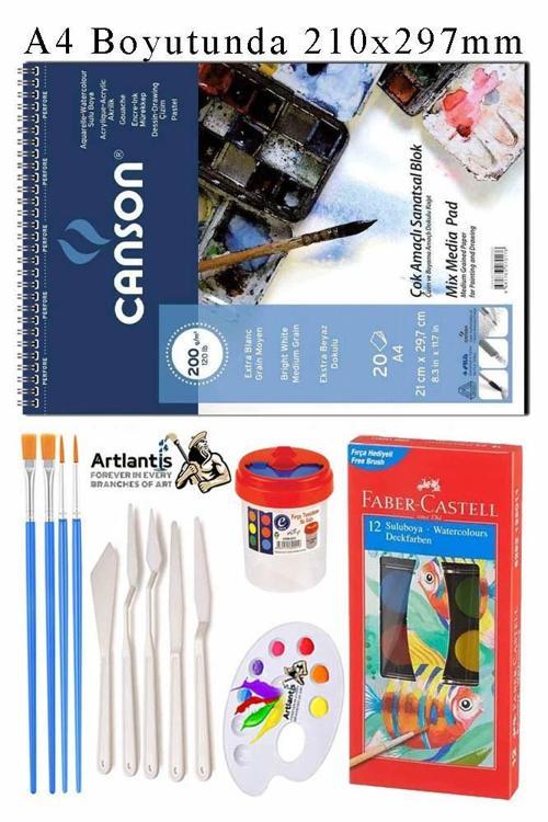 Canson Çok Amaçlı Sanatsal Blok A4 200 gr 20 Yaprak 1 Adet 12 Renk Sulu Boya Fırça Palet Spatula Fırça Temizleme Kabı