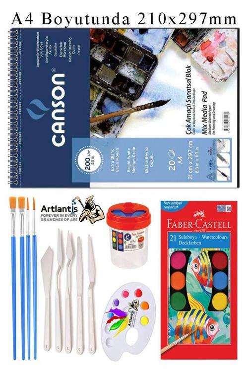 Canson Çok Amaçlı Sanatsal Blok A4 200 gr 20 Yaprak 1 Adet 21 Renk Sulu Boya Fırça Palet Spatula Fırça Temizleme Kabı