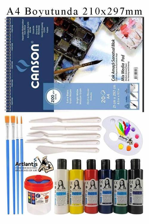 Canson Çok Amaçlı Sanatsal Blok A4 200 gr 20 Yaprak 1 Adet 6 Renk Akrilik Boya Fırça Palet Spatula Fırça Temizleme Kabı