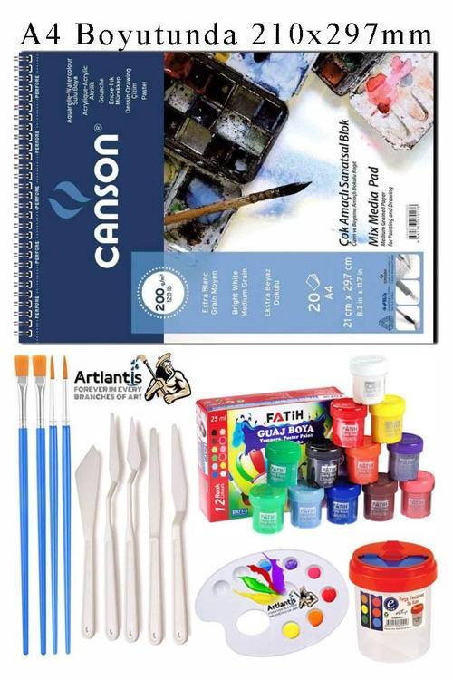 Canson Çok Amaçlı Sanatsal Blok A4 200 gr 20 Yaprak 1 Adet 6 Renk Guaj Boya Fırça Palet Spatula Fırça Temizleme Kabı