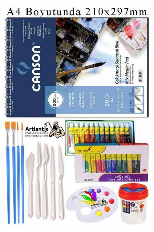 Canson Çok Amaçlı Sanatsal Blok A4 200 gr 20 Yaprak 1 Adet Fanart 12 Renk Yağlı Boya Fırça Palet Spatula Fırça Temizleme
