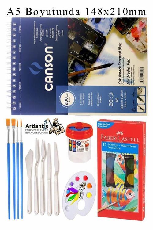 Canson Çok Amaçlı Sanatsal Blok A5 200 gr 20 Yaprak 1 Adet 12 Renk Sulu Boya Fırça Palet Spatula Fırça Temizleme Kabı