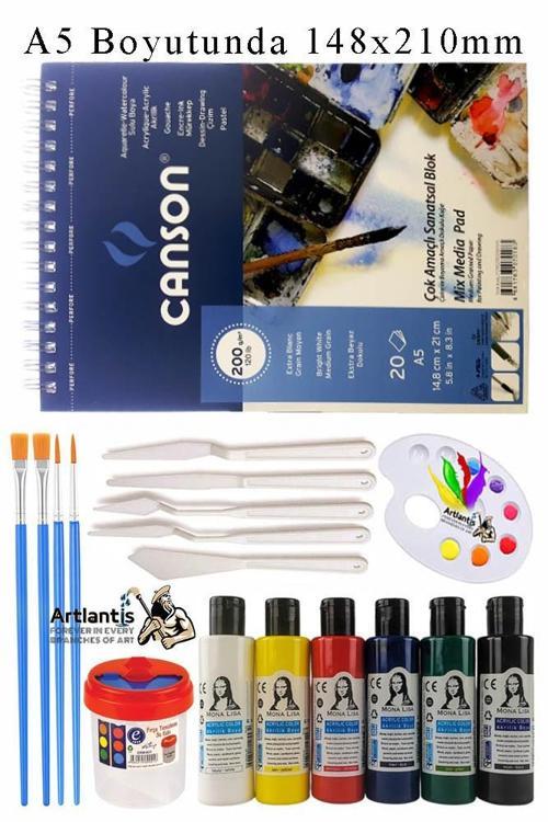 Canson Çok Amaçlı Sanatsal Blok A5 200 gr 20 Yaprak 1 Adet 6 Renk Akrilik Boya Fırça Palet Spatula Fırça Temizleme Kabı