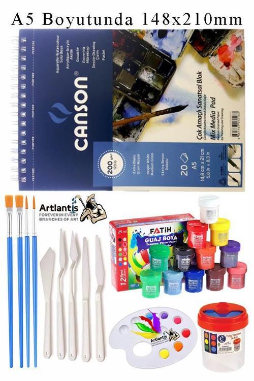 Canson Çok Amaçlı Sanatsal Blok A5 200 gr 20 Yaprak 1 Adet 6 Renk Guaj Boya Fırça Palet Spatula Fırça Temizleme Kabı