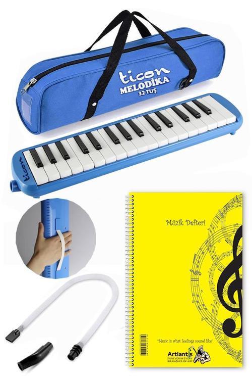 Melodika 32 Tuşlu Mavi Bez Çantalı 1 Adet Müzik Defteri A4 Plastik Kapak 40 Yaprak Spralli 1 Adet Hortumlu Melodika Askı