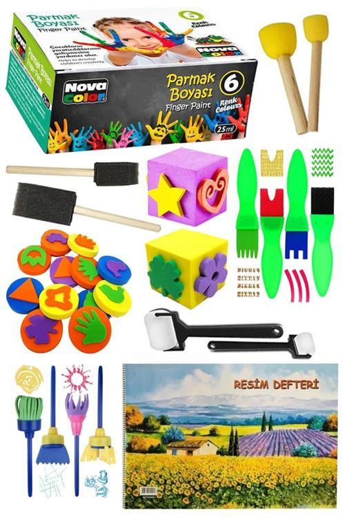 Parmak Boyası 6 Renk Nova Color Resim Defteri 25x35 Sünger Eva Baskı Damga Spatula Rulo Kesik Sünger Eva Okul Öncesi