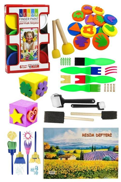 Parmak Boyası 6 Renk Südor Resim Defteri 25x35 Sünger Eva Baskı Damga Spatula Rulo Kesik Sünger Eva Okul Öncesi