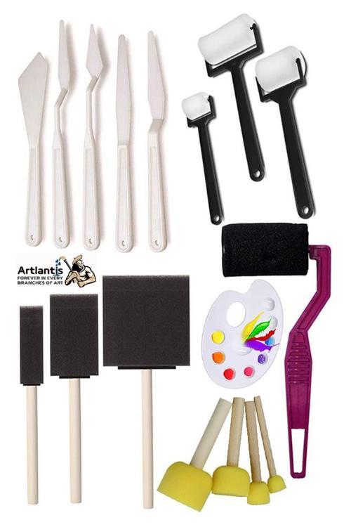 Rulo Kesik Uçlu ve Tampon Sünger Fırça Seti 17 Parça 1 Paket Resim Paleti Ponpon Spatula Akrilik Boya Yağlı Boya Guaj Bo