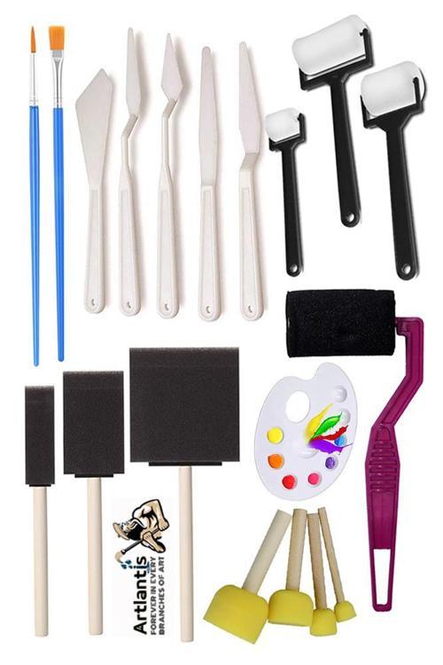 Rulo Kesik Uçlu ve Tampon Sünger Fırça Seti 19 Parça 1 Paket Resim Fırçası Palet Ponpon Spatula Akrilik Boya Yağlı Boya 