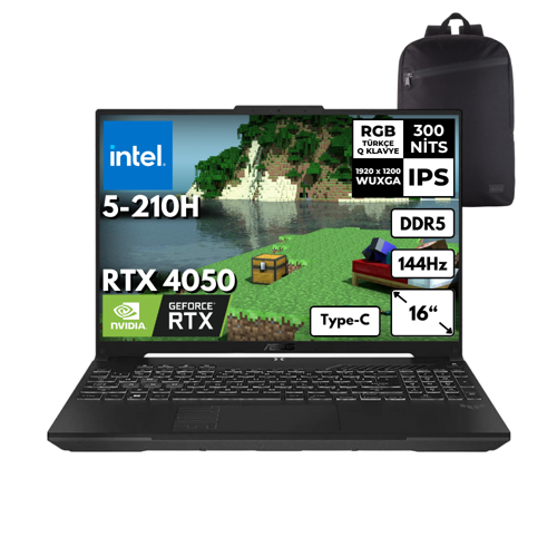 TUF F16 Intel 5-210H 8-GBDDR5 1 TBSSD RTX4050 (6GB-140W) 16" WUXGA 144Hz Windows 11 Pro + Sırt Çantası FX607VU-RL146HMF22