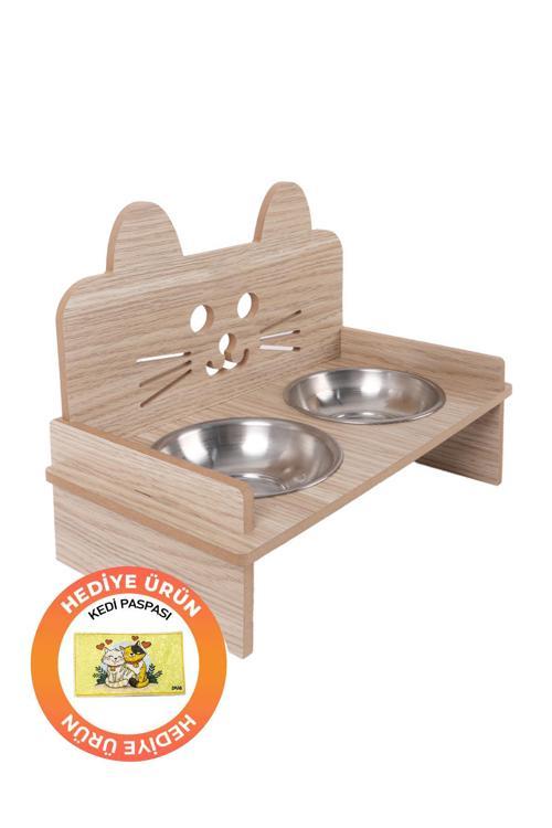 Ahşap Kulaklı Kedi Mama Su Kabı Standı, Kedi Mama Kabı, Kedi Paspası