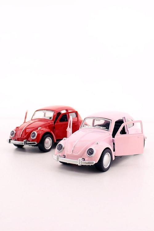 Dekoratif Nostaljik Hediye 2 Adet Çek-bırak Metal Vosvos Araba Dıe Cast Büyük Boy 12cm Pembe Kırmızı