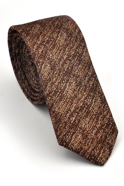 Bej Kırcıl Desenli Kahverengi Dokuma Kumaş Mendilli Slim Fit Kravat // SDK230920